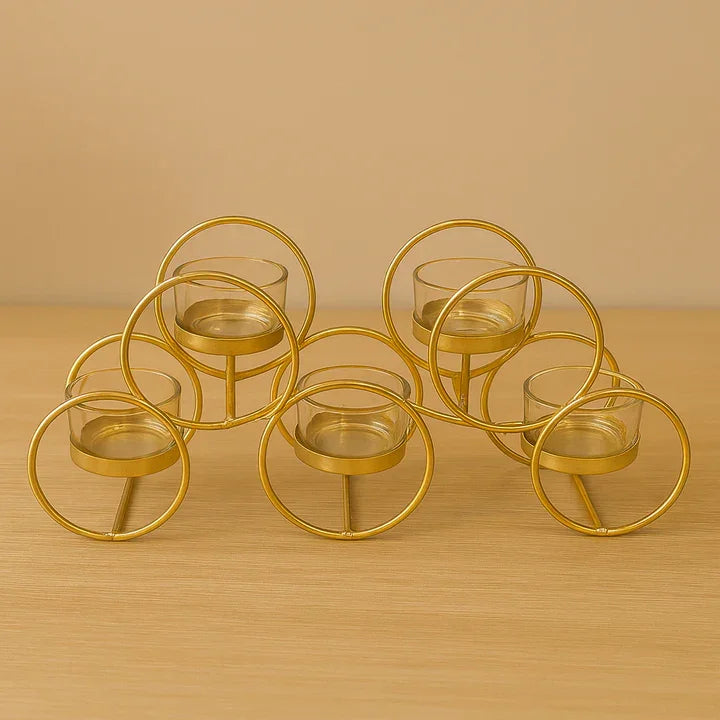 Elegant Gold Metal & Glass T-Light Candle Holder – 5 Holder Design