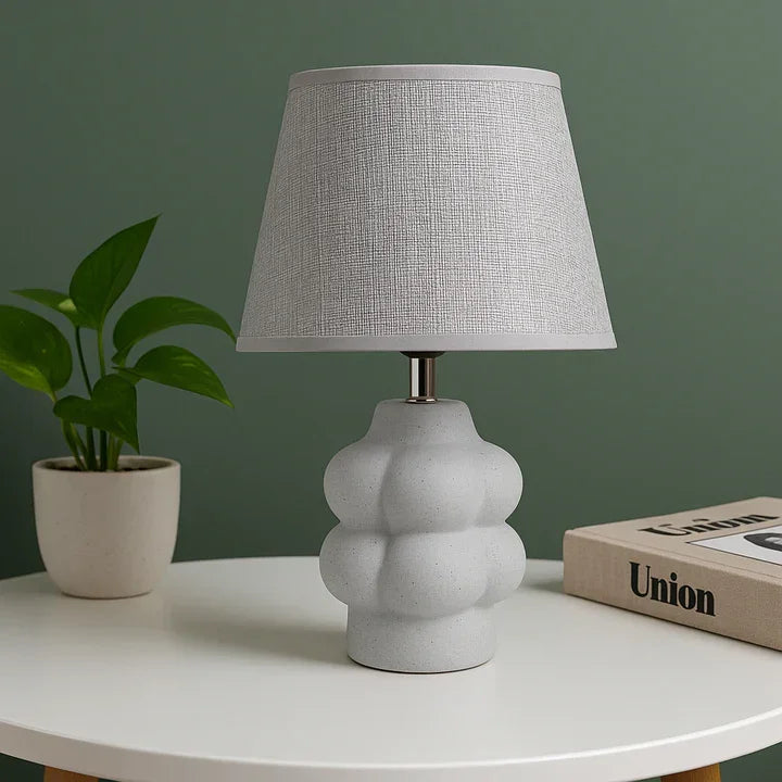 Modern Grey Table Lamp with Fabric Shade Concrete Texture Resin Base