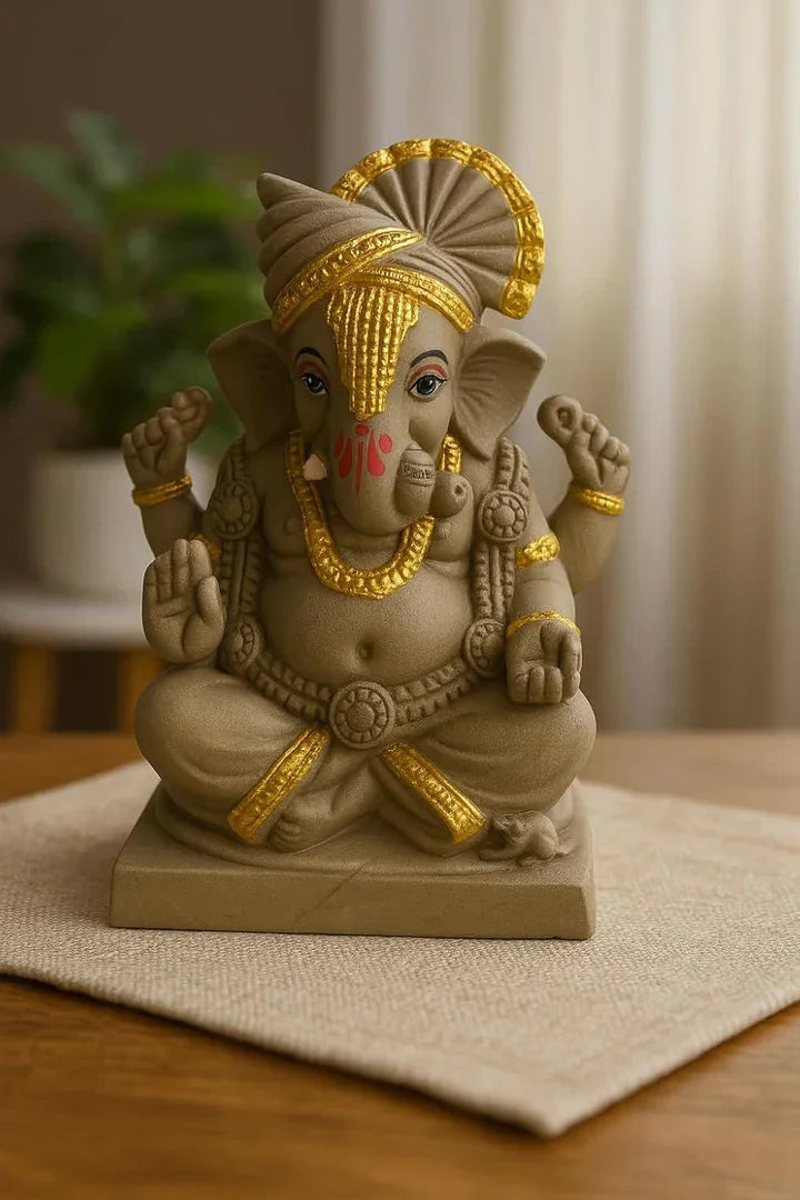 6 Inch Mukut Clay Eco Friendly Golden Touch Dagdusheth Ganesh ji