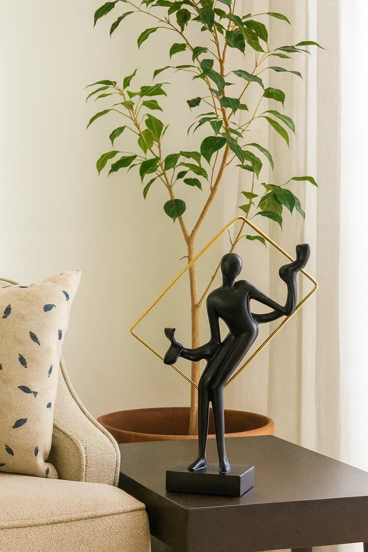 Elegant Black Abstract Metal Sculpture with Golden Geometric Frame – Modern Table Décor for Living Room, Office & Gifting – 12 inch Height