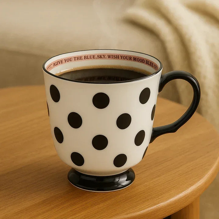 Polka Dot Ceramic Coffee Mug –Stylish Black & White Tea Cup with Handle