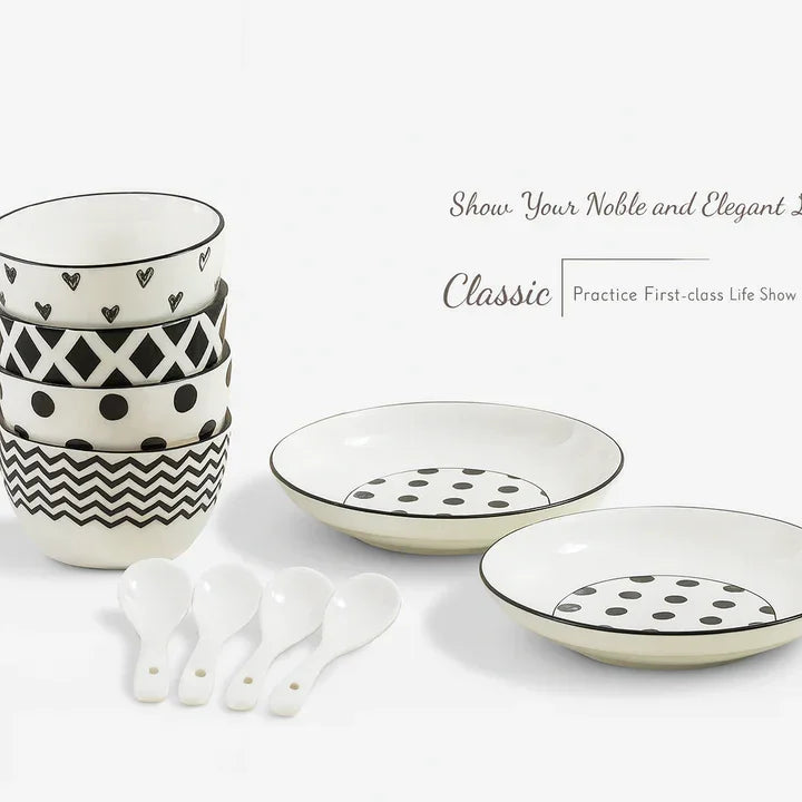 Classic Black & White Ceramic Soup Bowl Set – 4 Printed Bowls, 2 Large Serving Bowls & 4 Soup Spoons | Premium Dinnerware Gift Set for Rice, Curry, Soup & Snacks
