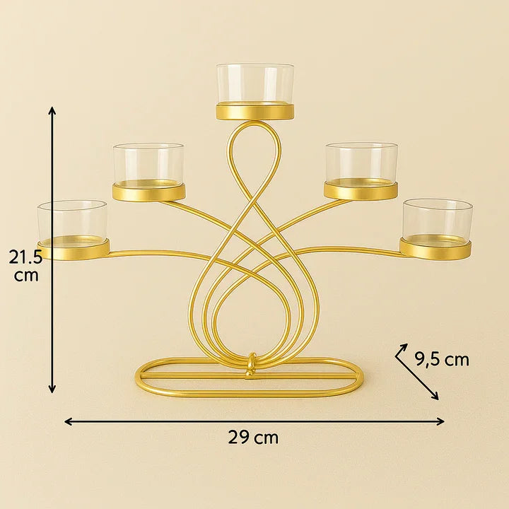 Elegant 5-Arm T-Light Candle Holder | Gold Metal Stand with Glass Cups | Home Décor Accent