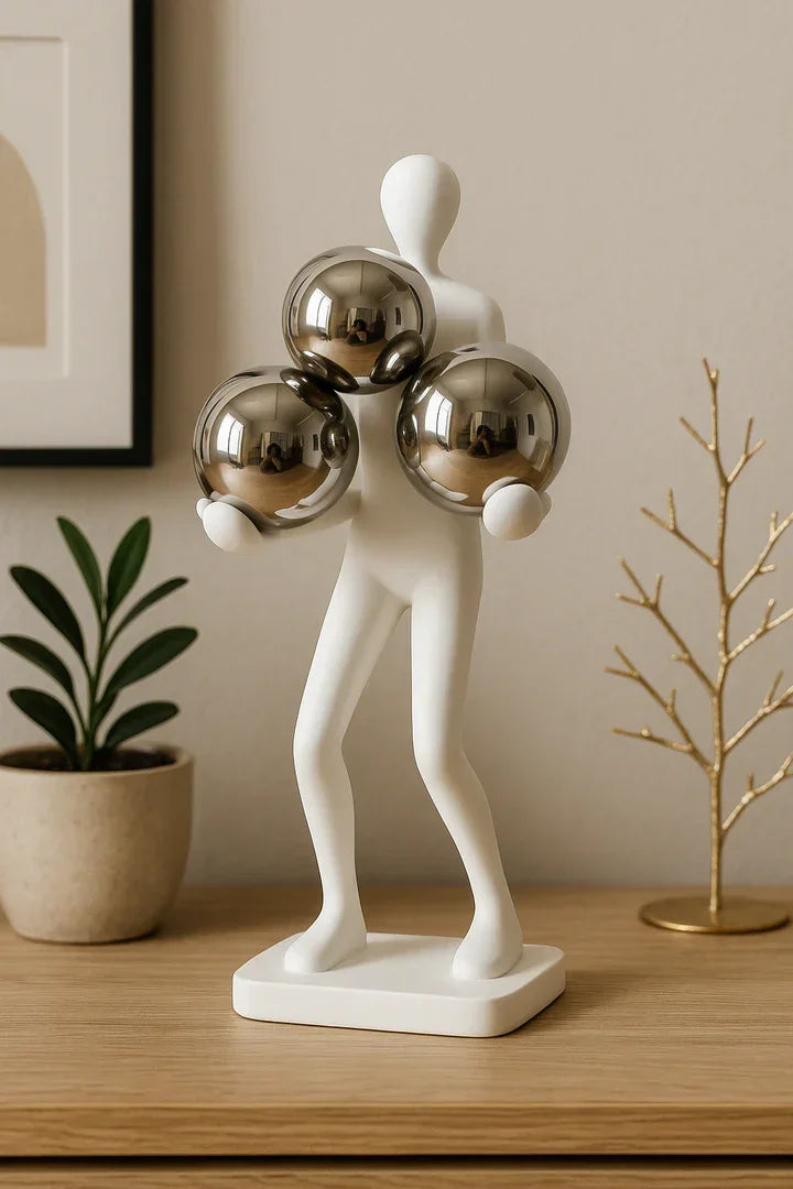 Black Resin Human Figurine with Metallic Spheres | Modern Table Décor | Designer Showpiece for Living Room