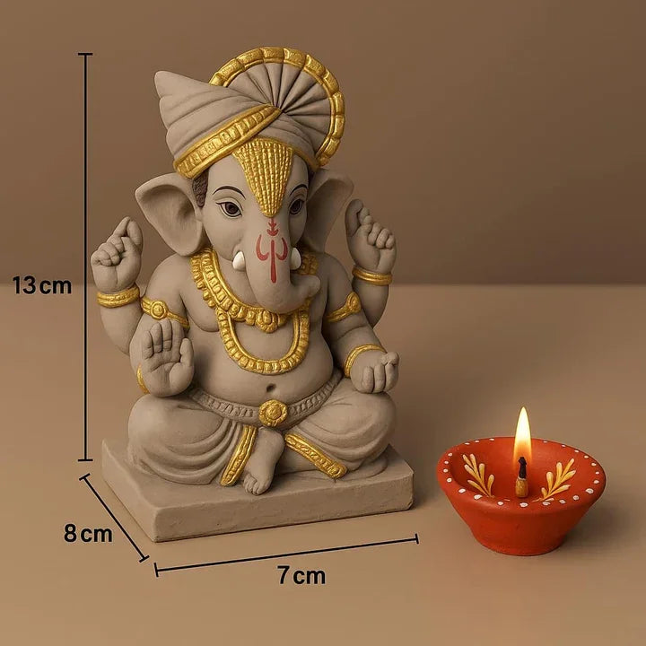 6 Inch Mukut Clay Eco Friendly Golden Touch Dagdusheth Ganesh ji