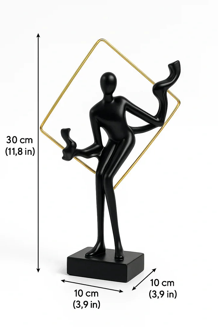 Elegant Black Abstract Metal Sculpture with Golden Geometric Frame – Modern Table Décor for Living Room, Office & Gifting – 12 inch Height