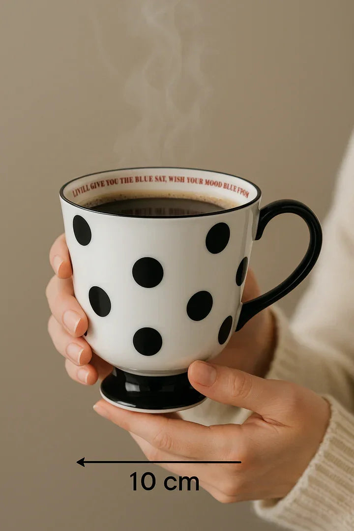 Polka Dot Ceramic Coffee Mug –Stylish Black & White Tea Cup with Handle