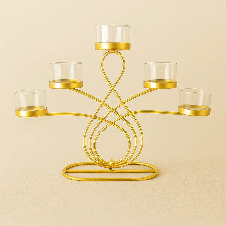 Elegant 5-Arm T-Light Candle Holder | Gold Metal Stand with Glass Cups | Home Décor Accent