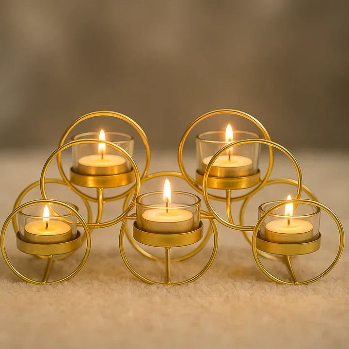 Elegant Gold Metal & Glass T-Light Candle Holder – 5 Holder Design