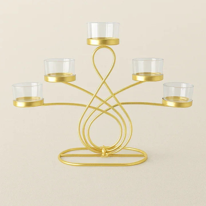 Elegant 5-Arm T-Light Candle Holder | Gold Metal Stand with Glass Cups | Home Décor Accent