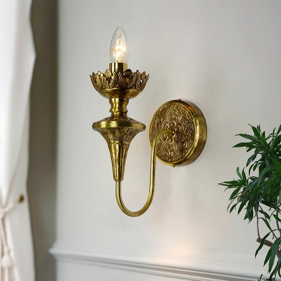 Classic Indian Hand-Carved Brass Candelabra Wall Sconce