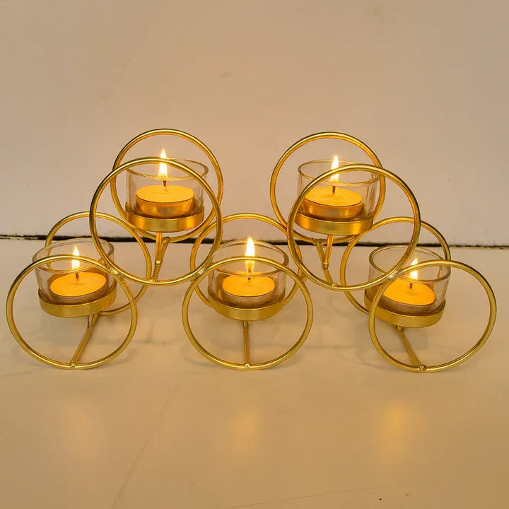 Elegant Gold Metal & Glass T-Light Candle Holder – 5 Holder Design