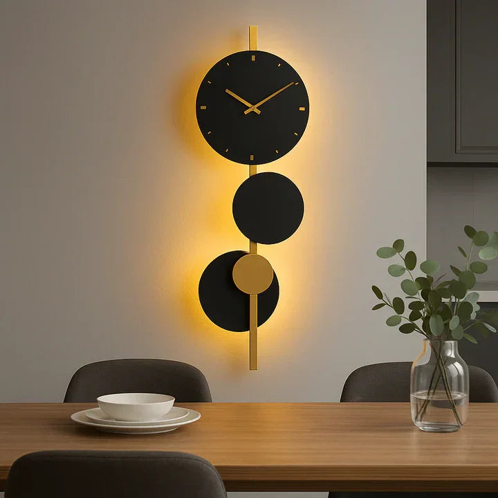 Modern Wall Clock with LED Backlight – Black & Gold Decorative Light Clock