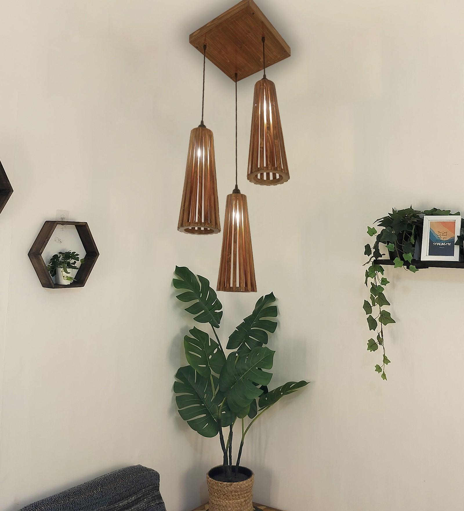 Billet Brown Wooden Cluster Hanging Light | Pendant Lights Lamps