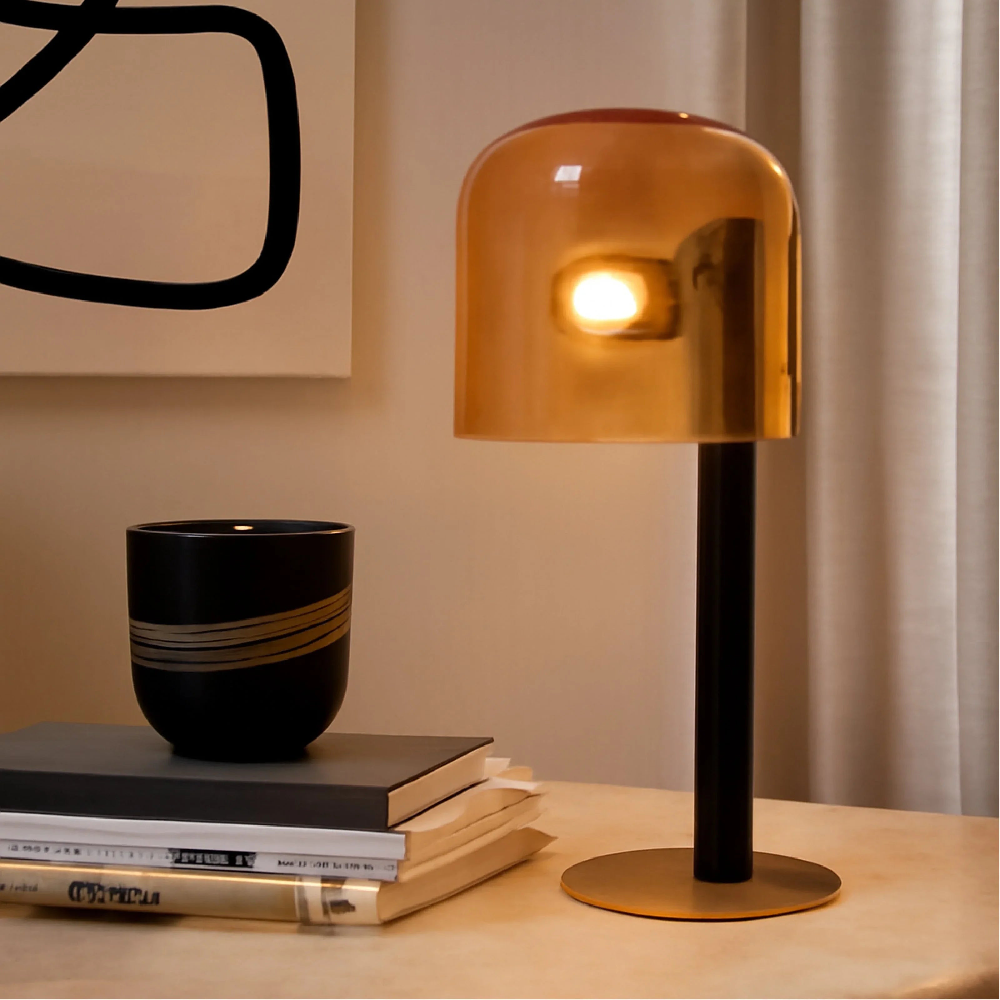 Syra Designer Table Lamp for Living Room | Modern Black & Brass LED Lamp with Amber Glass Dome
