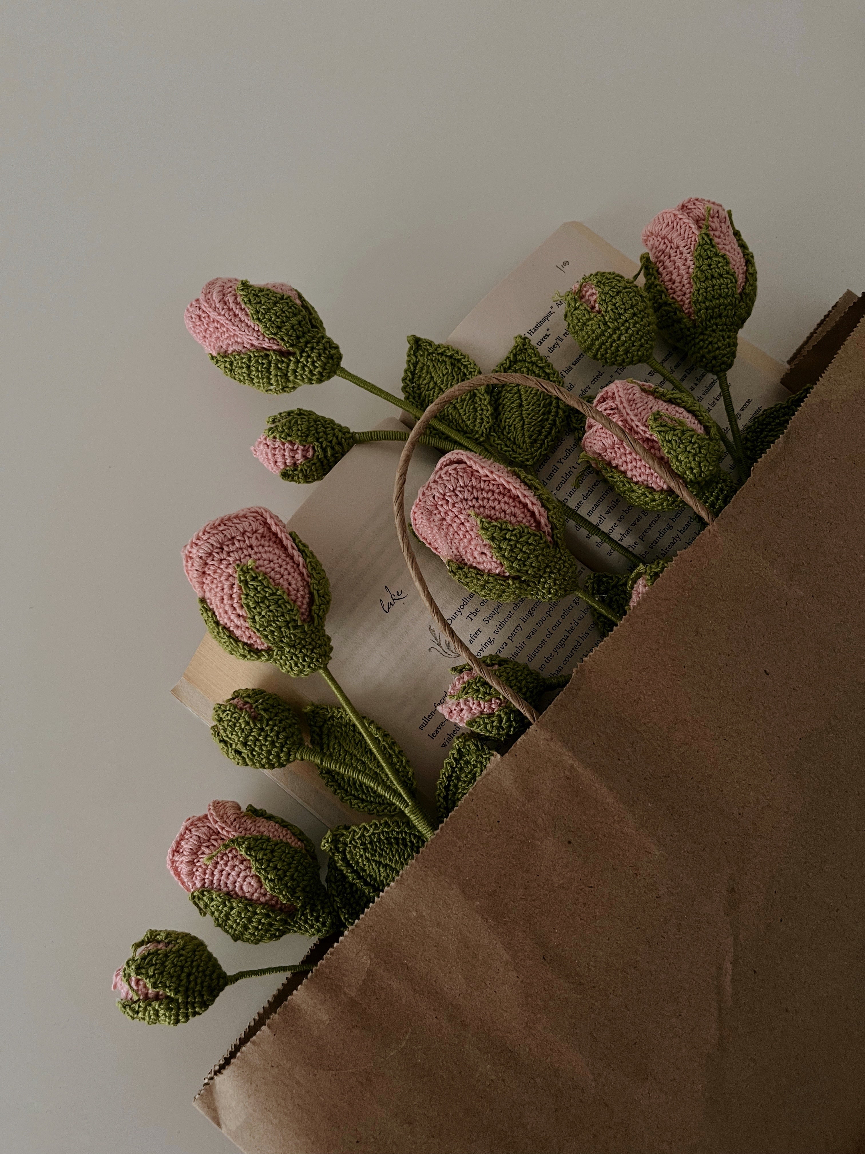 Crochet Flower - Pink Rose With Bud