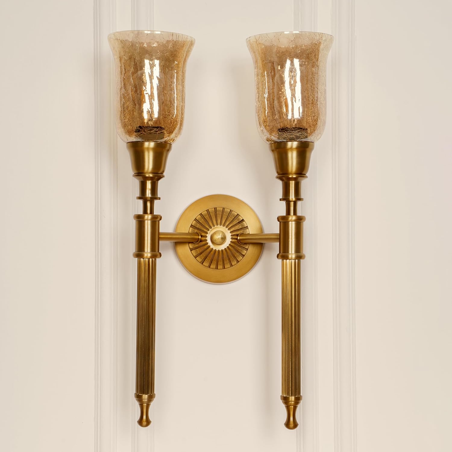 Double Corrugated Wall Lamp Antique Brass Finish with Chimney Crackled Glass Shade for Living Room, Bedroom, Home Decoration Wall Light