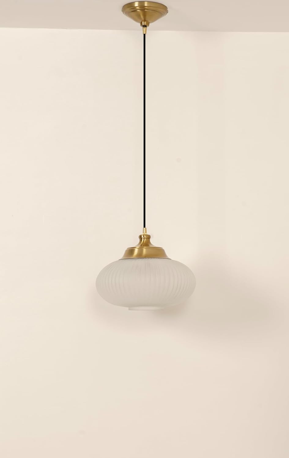 Ribbed Green Melon Glass Hanging Pendant Light Antique Brass Finish for Living Room, Bedroom, Home Decoration and Kitchen