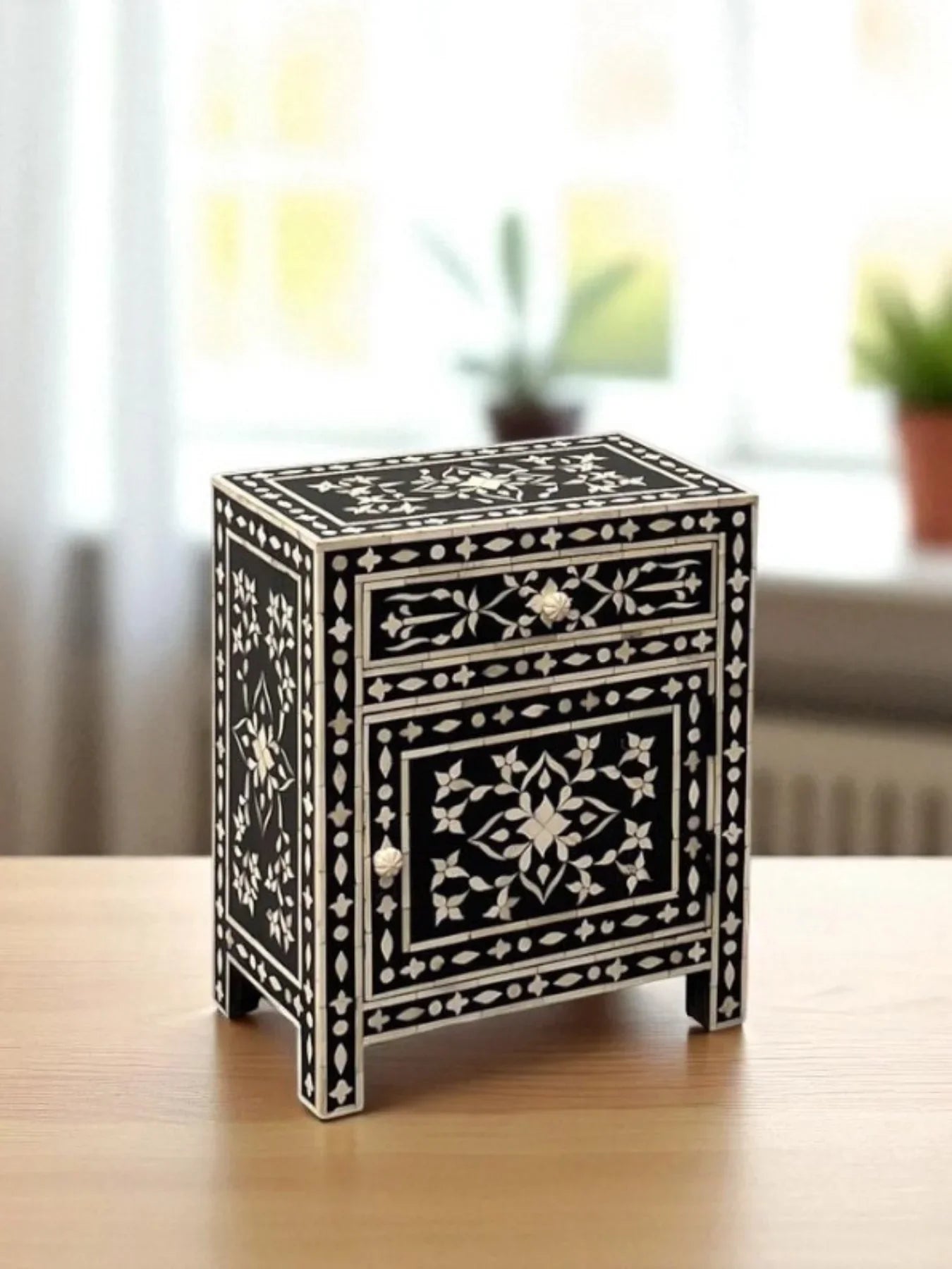 Floral Bone Inlay Bedside Table – Black Elegance