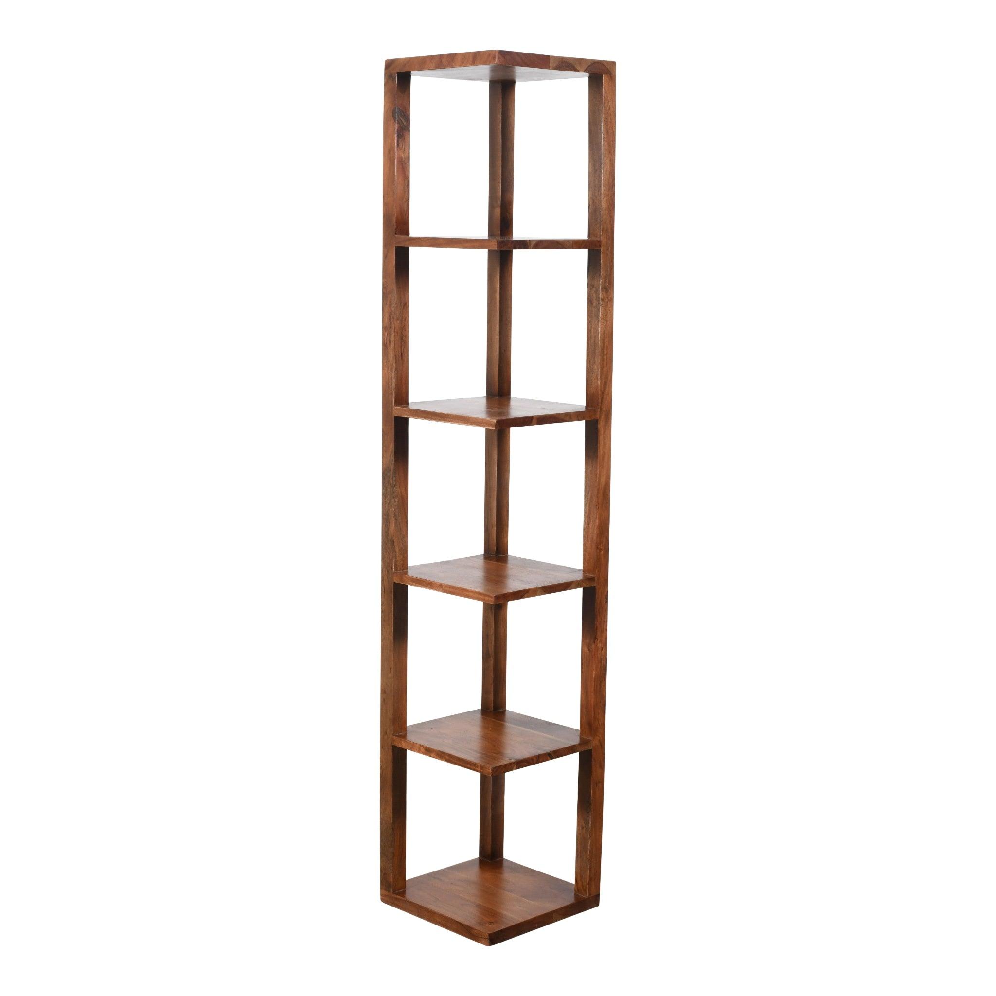 Honey Brown Wooden Corner Bookshelf | Acacia Wood Shelf for Living Room & Bedroom