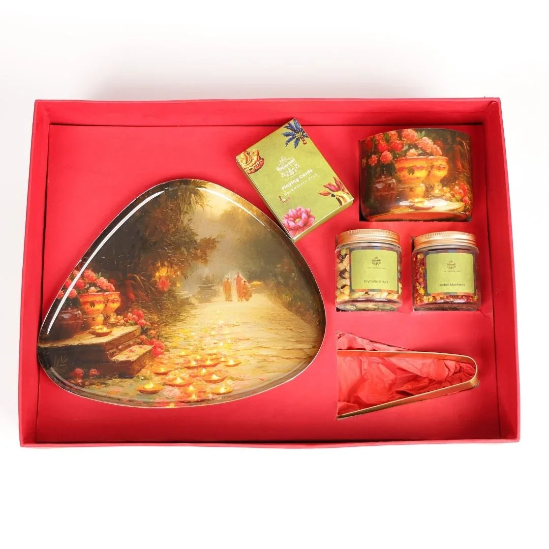 Luxury Diwali Gift Box with Brass Finish Platter, Soy Wax Candle, Dry Fruits, Mukhwas, Brass Tong & Designer Playing Cards