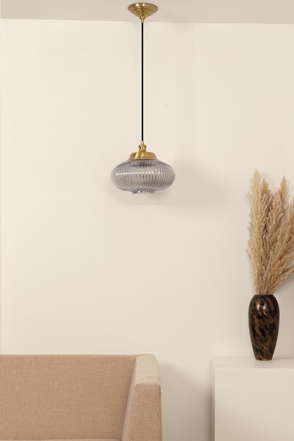 Ribbed Green Melon Glass Hanging Pendant Light Antique Brass Finish for Living Room, Bedroom, Home Decoration and Kitchen