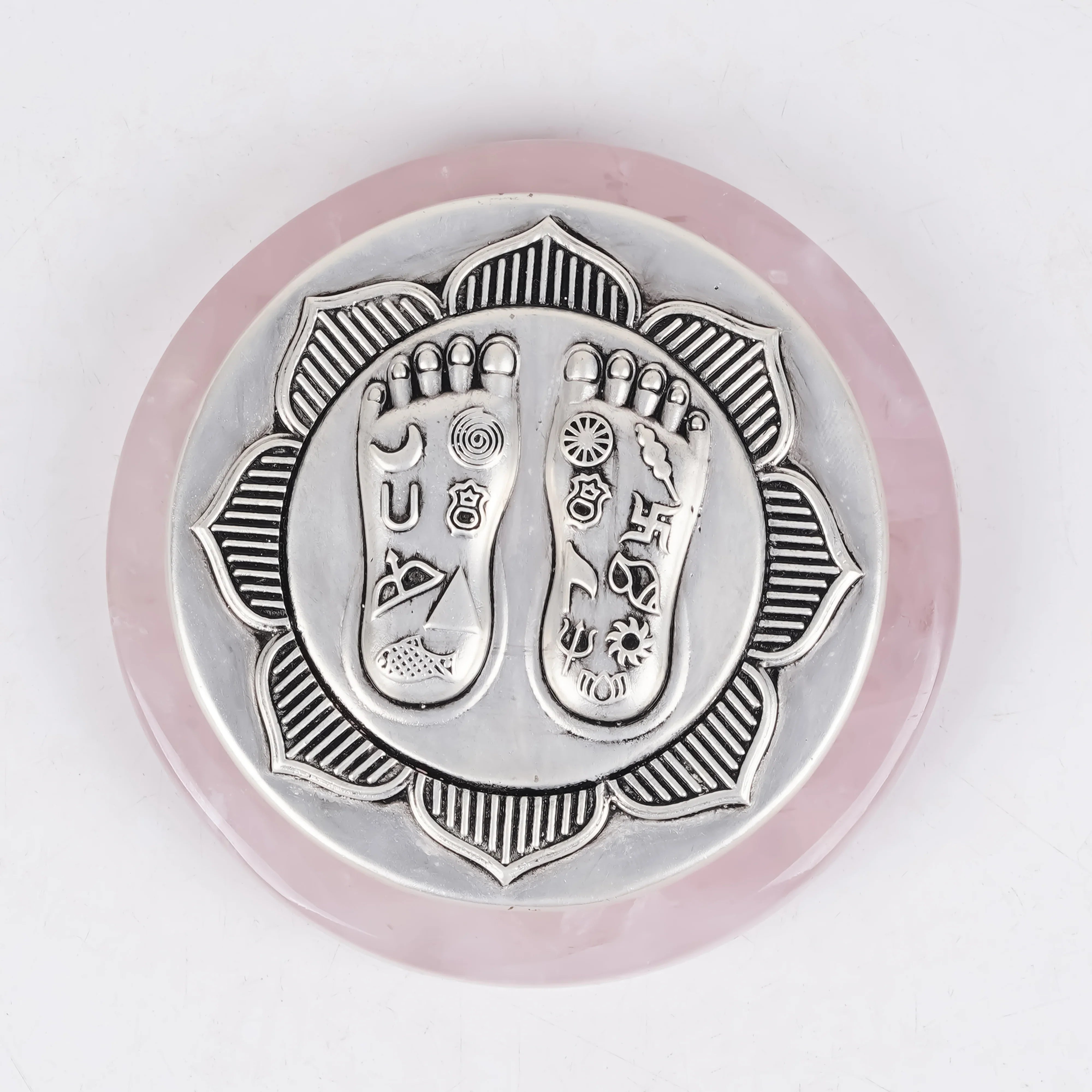 Silver Plated Brass Lakshmi Charan | Sacred Goddess Feet Plaque On Rose Quartz