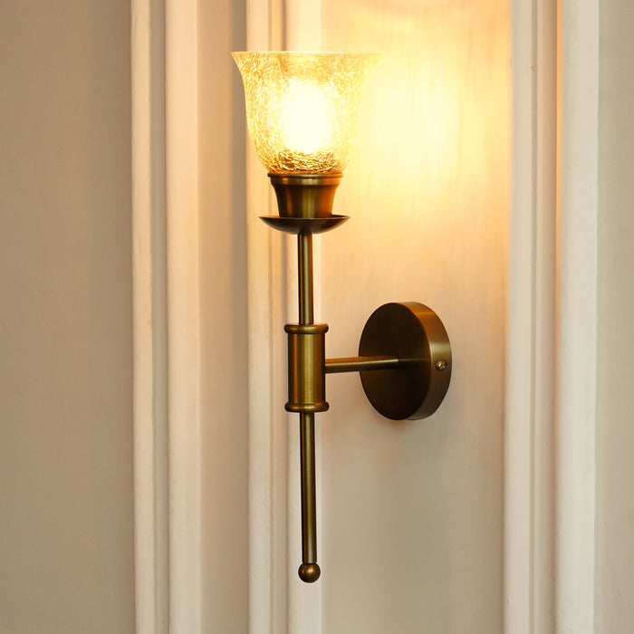 Brass Antique Finish Spacer Wall Lamp with Cup Crackled Glass Golden Luster Shade