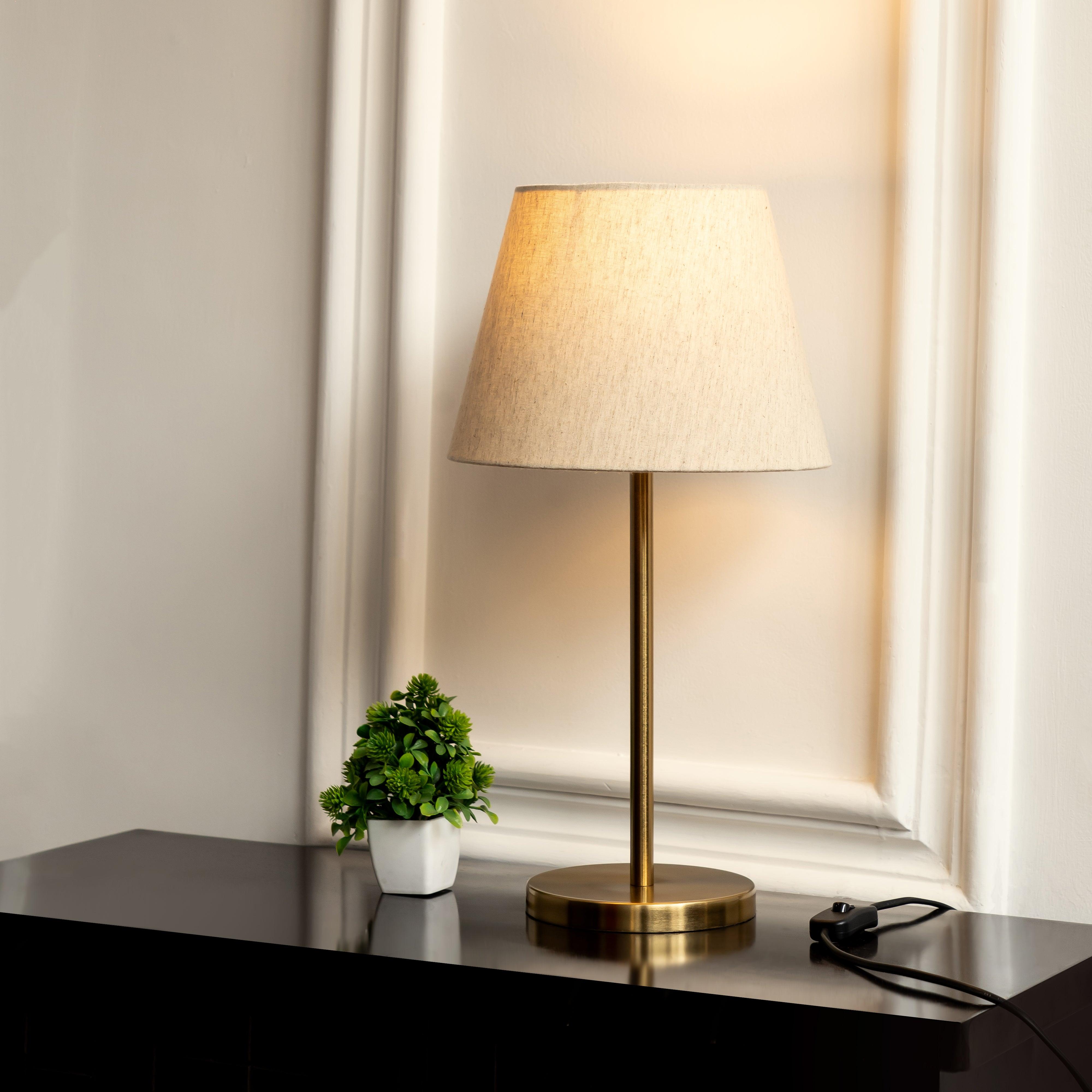 Antique Brass Finish Table Lamp for Living Room | Off White Tapered Lampshade | Study Table Lamp