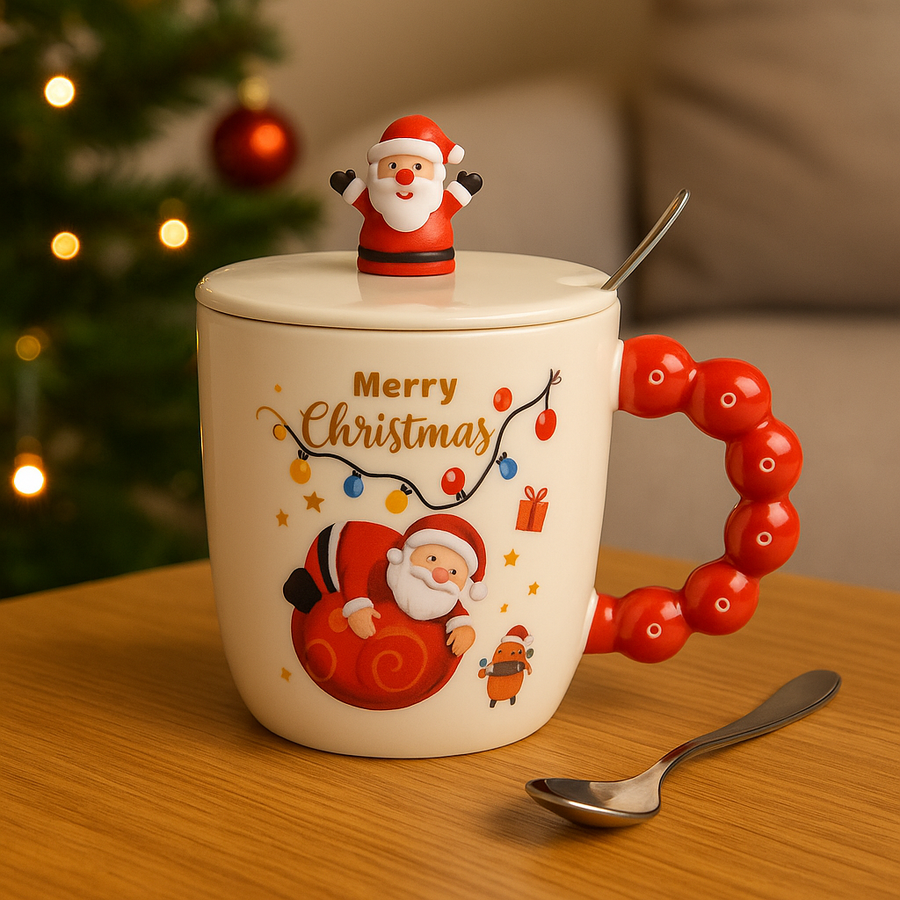 Christmas Ceramic Mug with Lid & Spoon | 350 ML Santa Mug with Red Handle | Merry Christmas Gift Cup for Coffee