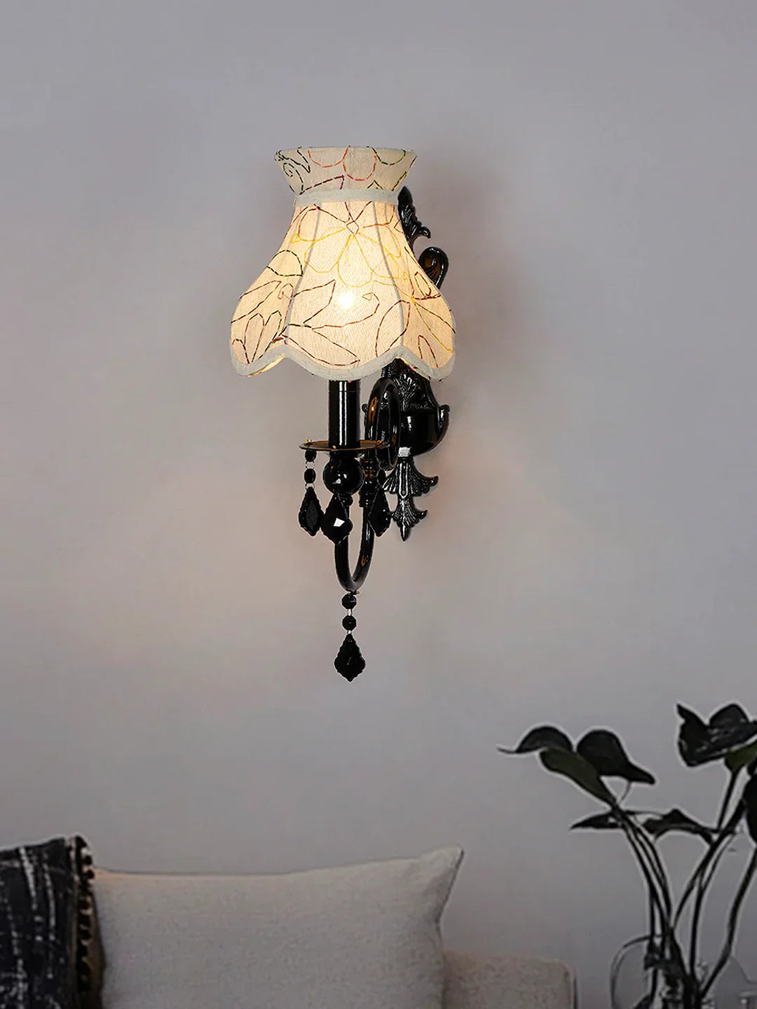 Black Wall Sconce with Green Embroidered Scalloped Shade and Crystals