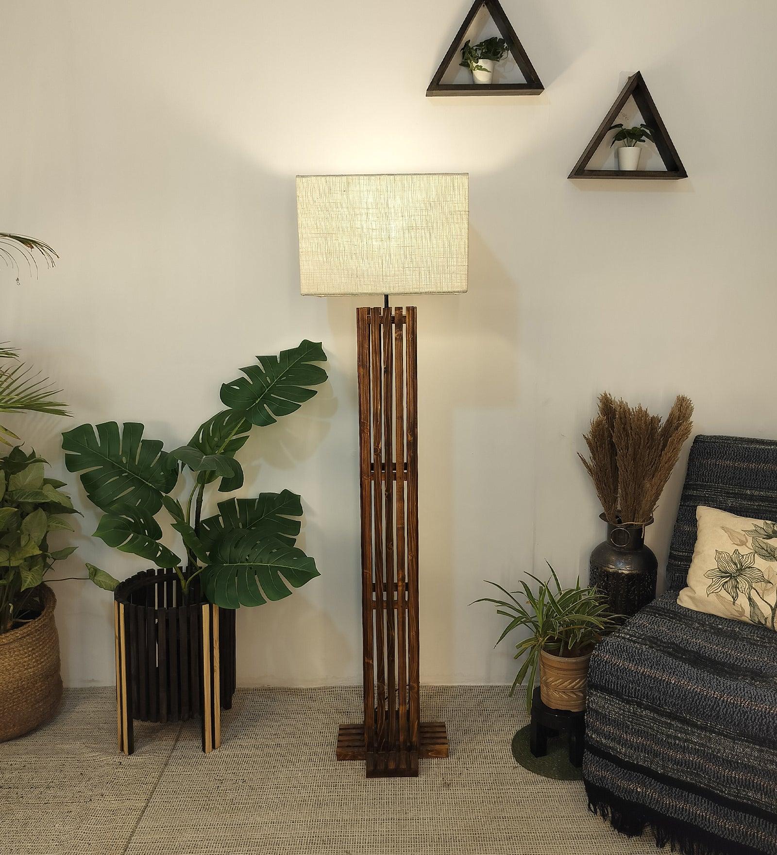 Elegant Wooden Floor Lamp with Brown Base and Beige Fabric Lampshade