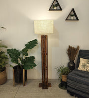 Elegant Wooden Floor Lamp with Brown Base and Beige Fabric Lampshade