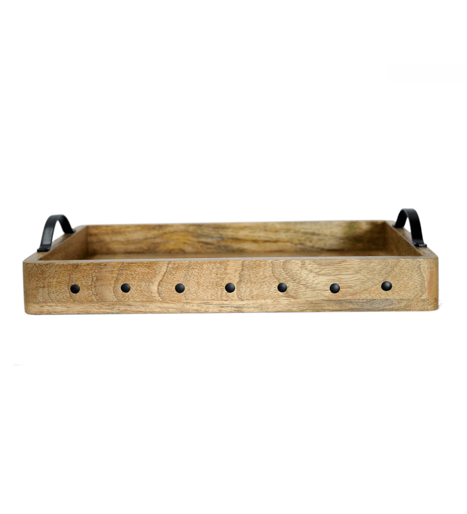 Mango Wood Medium Rectangular Wooden Serving Tray with Metal Handles - Decorative Breakfast Tray - Handcrafted Natural Wood