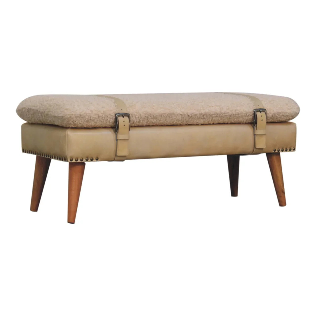 Boucle & Mahogany Leather Bench | Wooden Bench with Nordic Legs | Mango Wood Sitting Bench