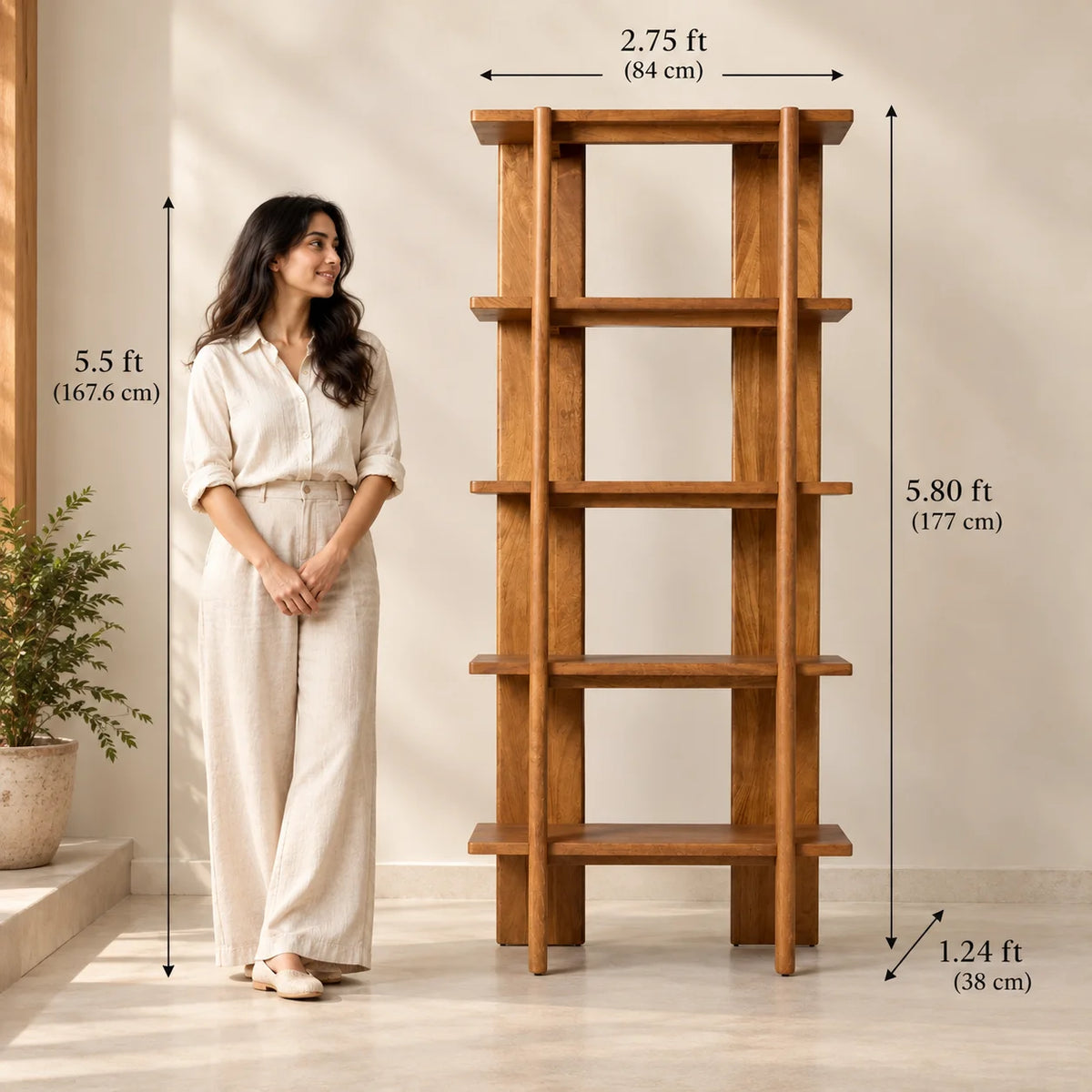 Roman Mango Wood Bookshelf | Book Ladder with 5 Open Shelves for Living Room & Study
