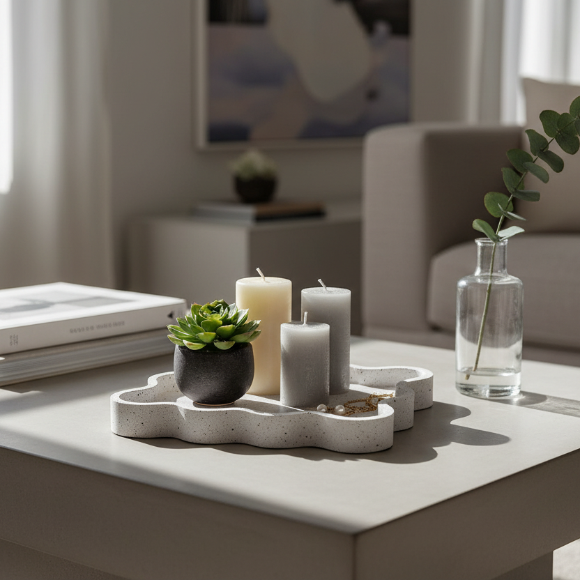 Concrete Scalloped Tray | Decorative White Organizer Tray for Home Décor & Serving