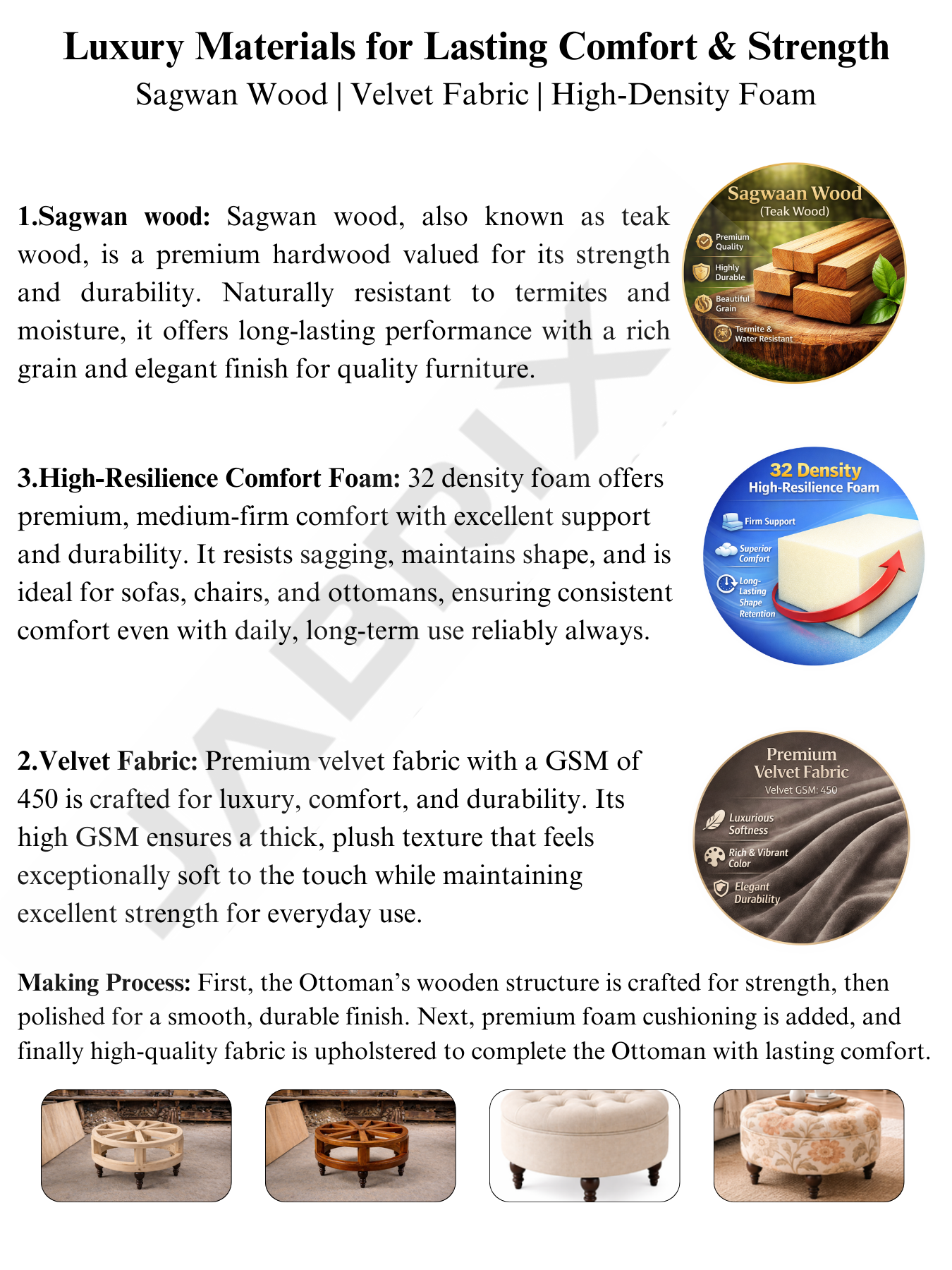 Classic Round Floral Ottoman – Soft Tufted Seat with Sagwan Wooden Base