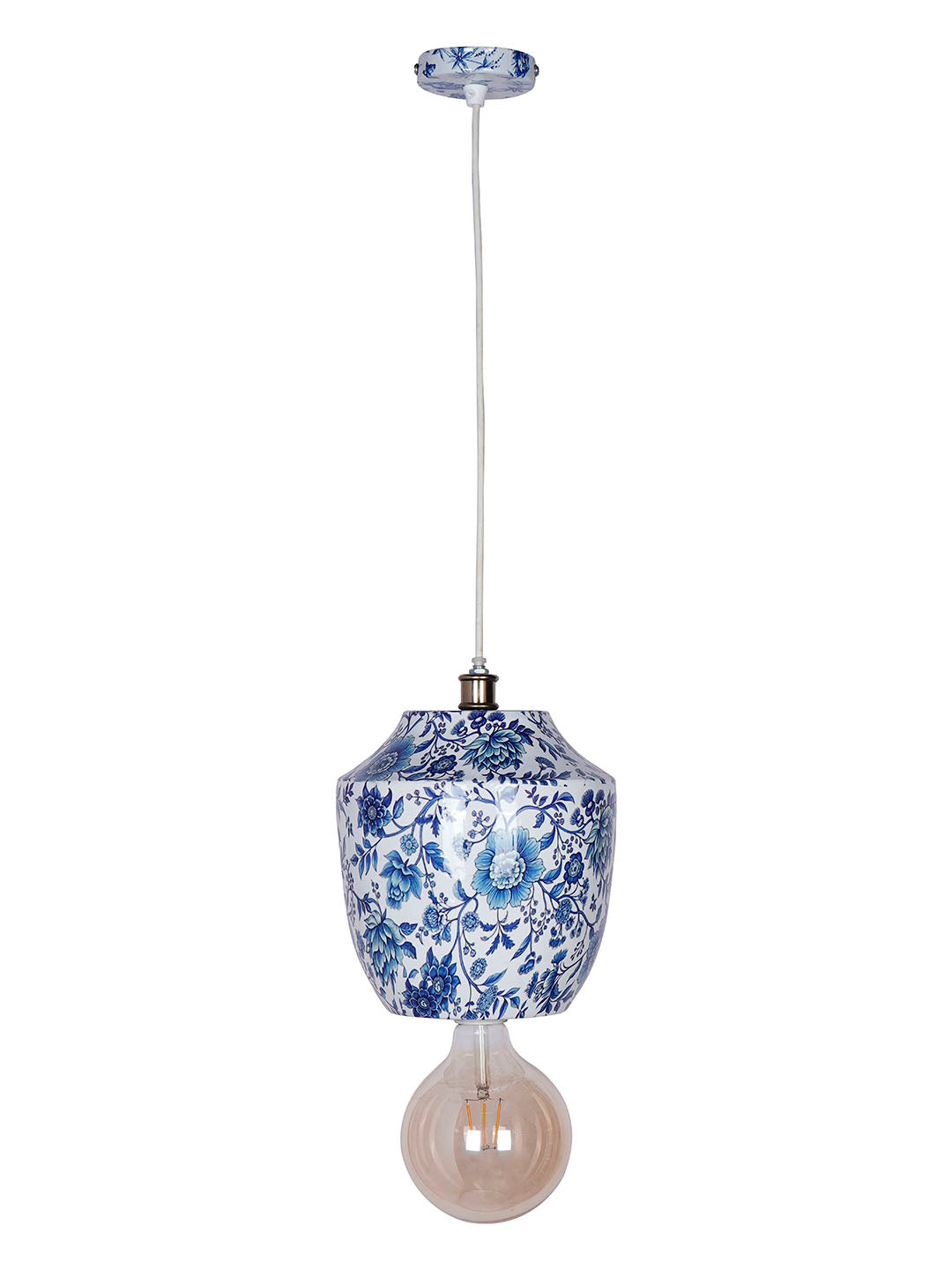 Chinoiserie Pendant Light, Blue White
  Floral Print, Metal Jar Shaped, Traditional Hanging Lamp,