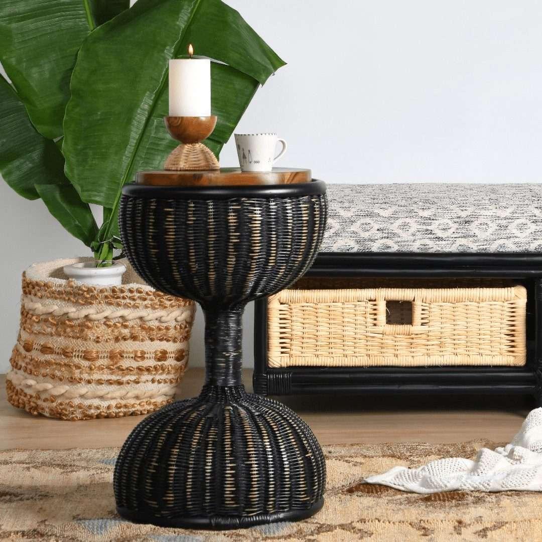 Bamboo Drum Accent Table | Designer Side Table for Living Room | Teakwood End Table