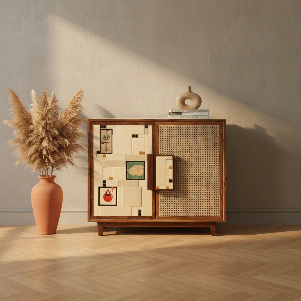 Aviary Cane Double Door Cabinet Sideboard | Storage Cabinet for Living Room