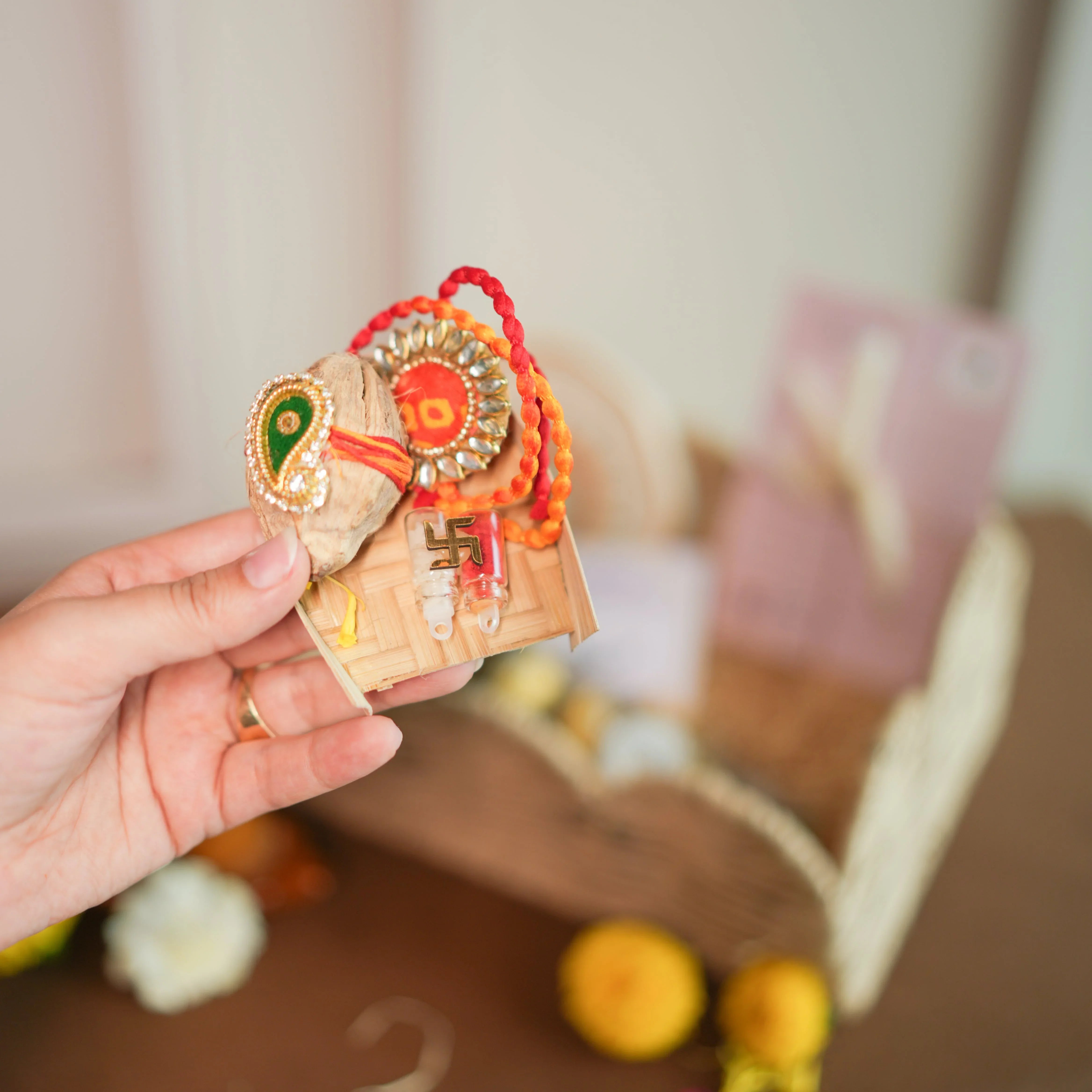 Minimal Evil Eye Rakhi Hamper for Sister | Designer Cup & Saucer Set, Roli Chawal & Fancy Basket