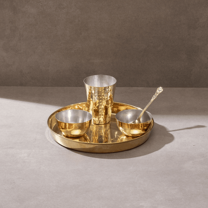 Brass Thaali Set - 5 Pieces Set (1 Thaali, 2 Bowls, 1 Glass And 1 Spoon