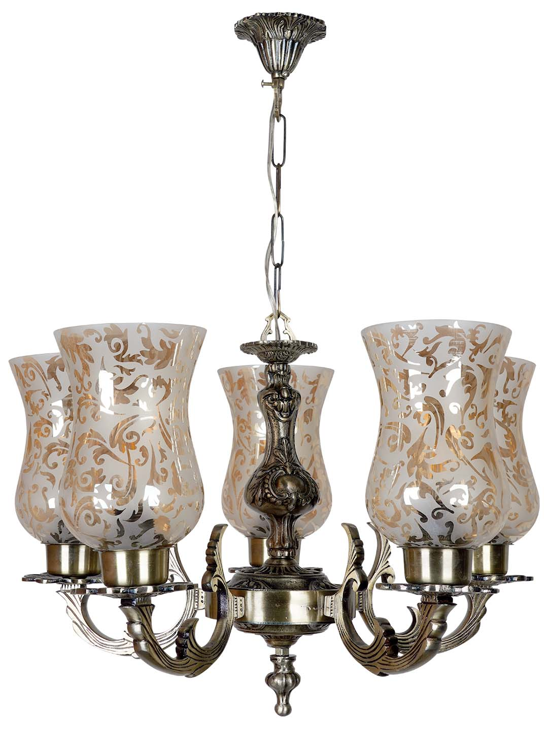 Antique Aluminium 5 Light Lustre Etched Glass Ceiling Hanging