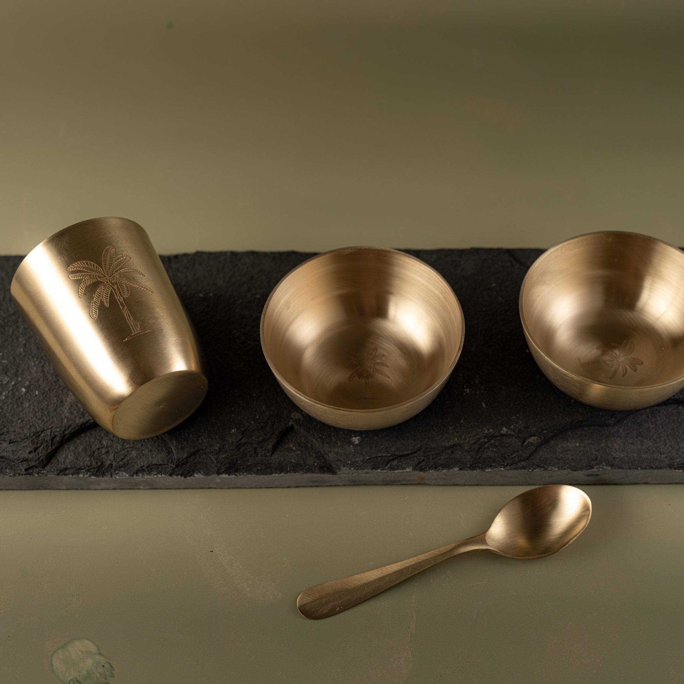 Gul | Set of 5 | Brass Dinner Set With Plam Tree Motif