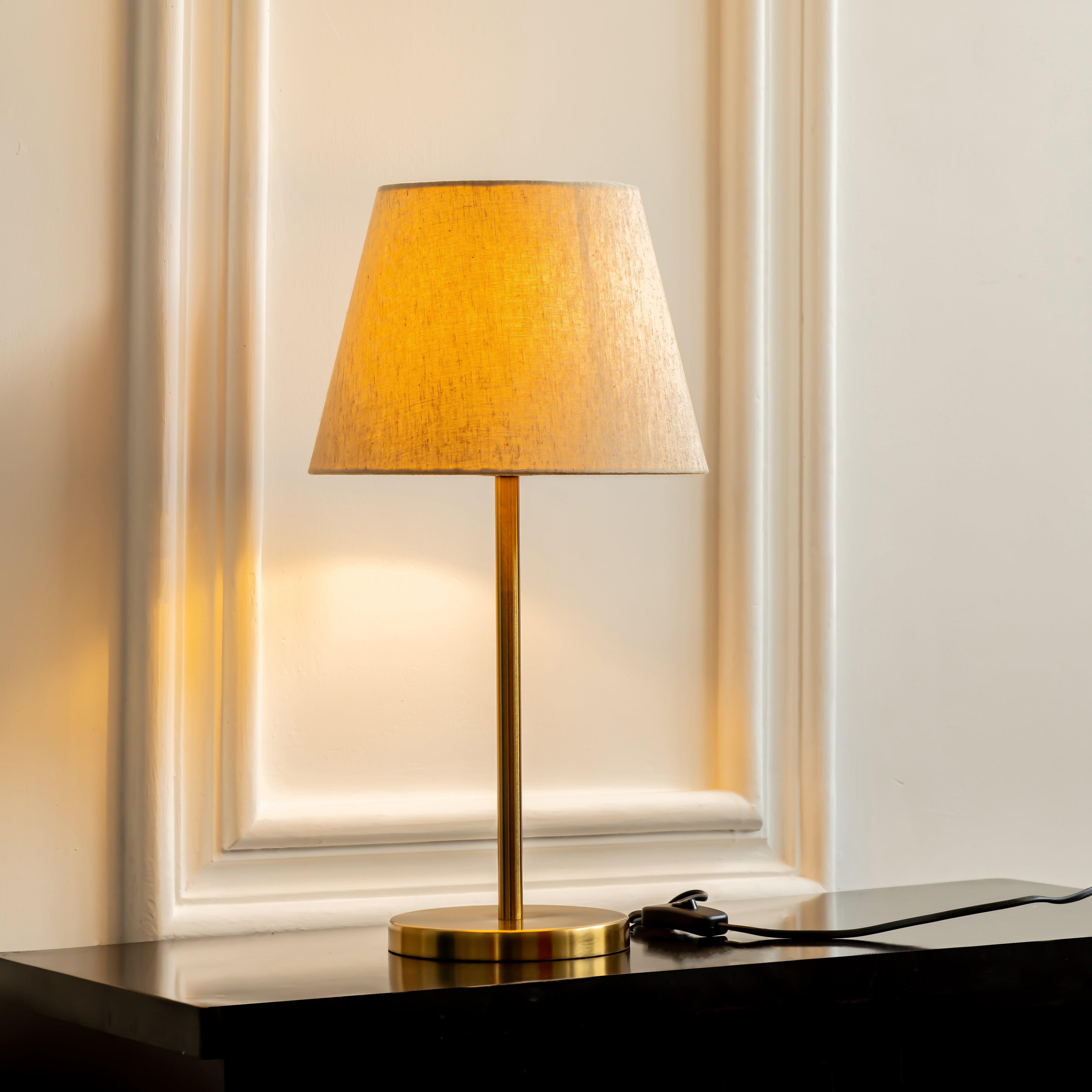 Antique Brass Finish Table Lamp for Living Room | Off White Tapered Lampshade | Study Table Lamp