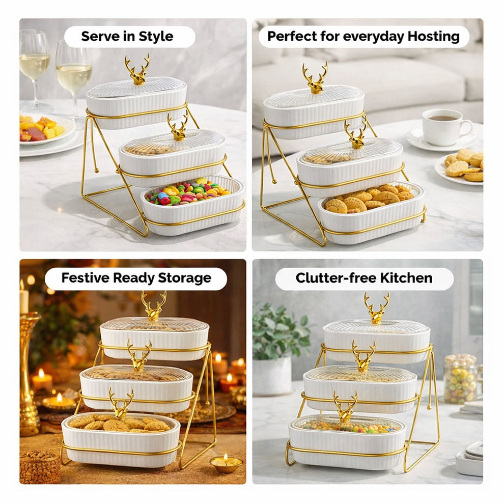 3 Tier Glass Fruit Basket with Metal Stand | Oval Tiered Fruit Basket & Snack Organizer | Detachable Dessert Stand for Kitchen Counter & Dining Table