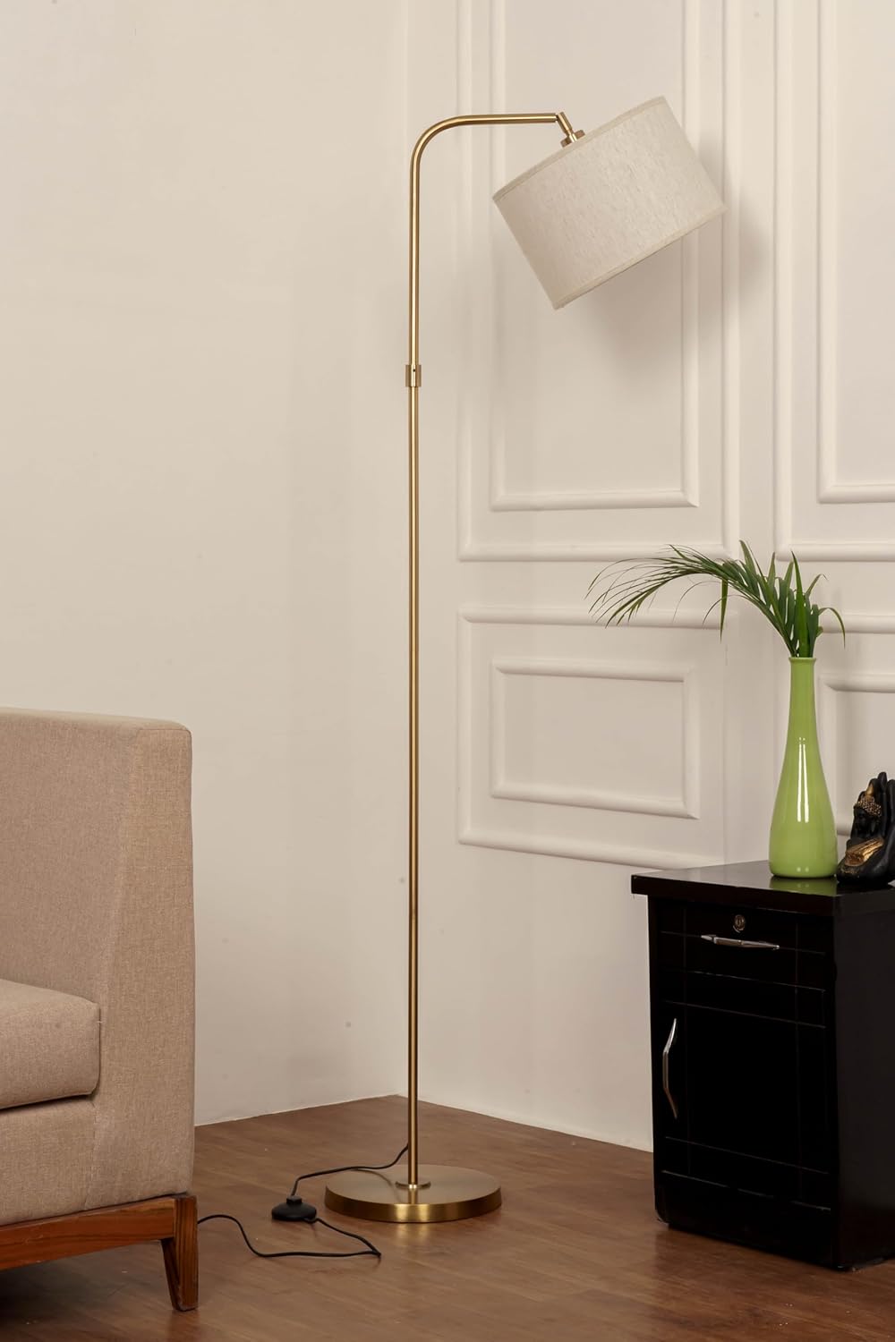 Brass Antique Modern Arc Floor Lamp with Adjustable Shade 6Ft Height with 12 inches Off White Drum Lampshade Pack of 1 - Led Bulb Included