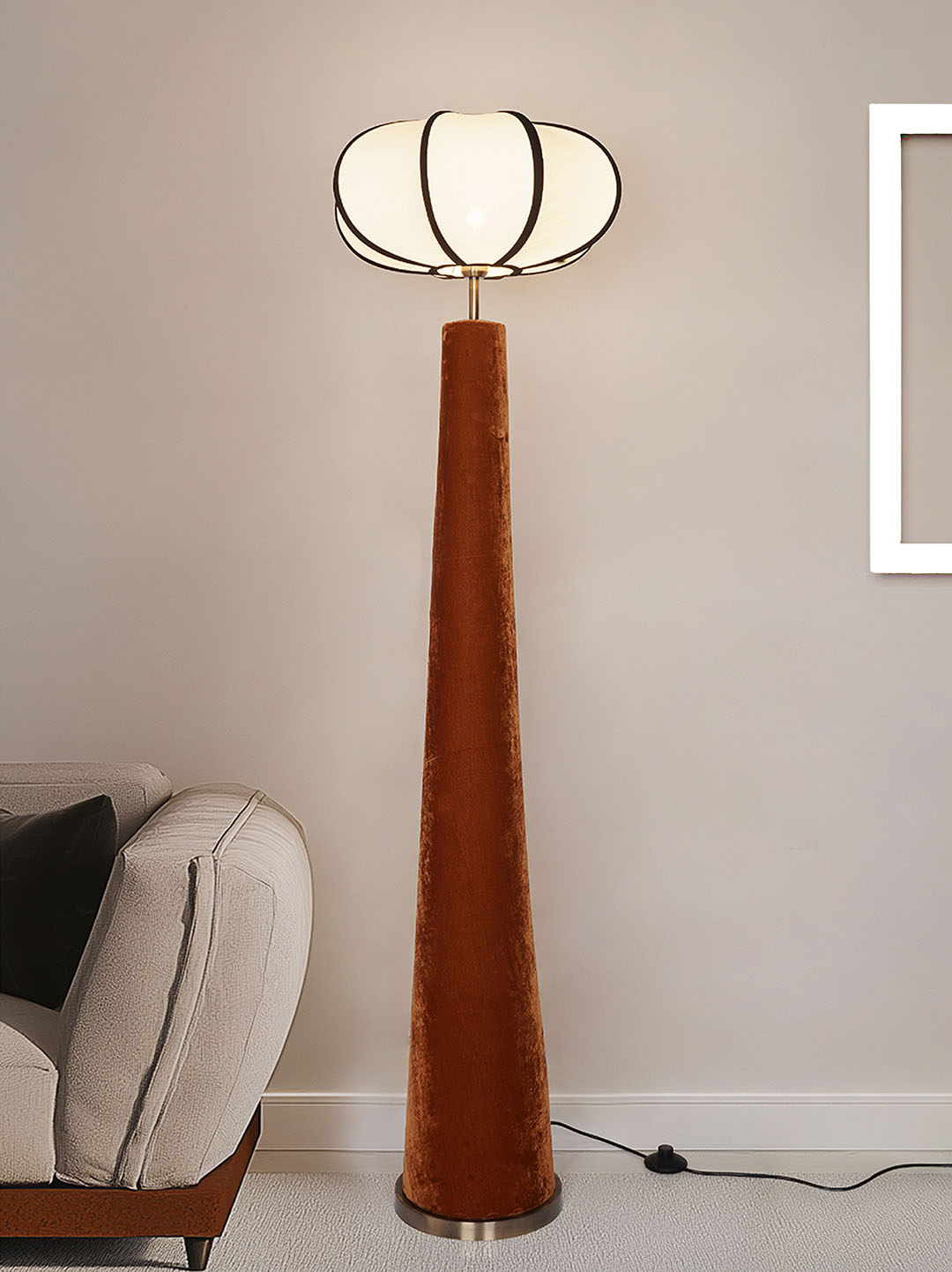 Modern Orange Velvet Conical Floor Lamp
  with Ivory Pumpkin Shade