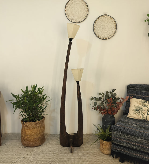 Jasper Wooden Floor Lamp with Brown Base and Beige Fabric Lampshade